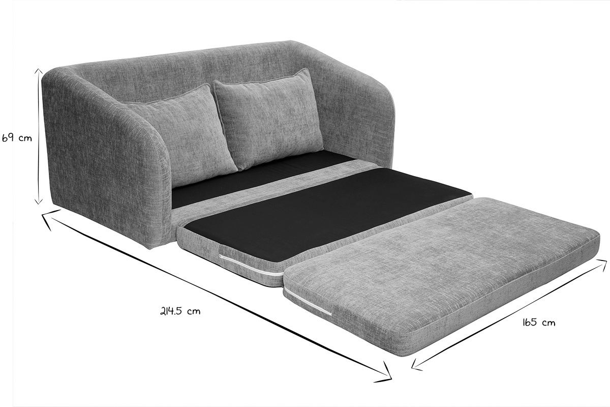 Dimensions canap convertible 2 places en tissu gris, dpli en lit, avec accoudoirs arrondis.