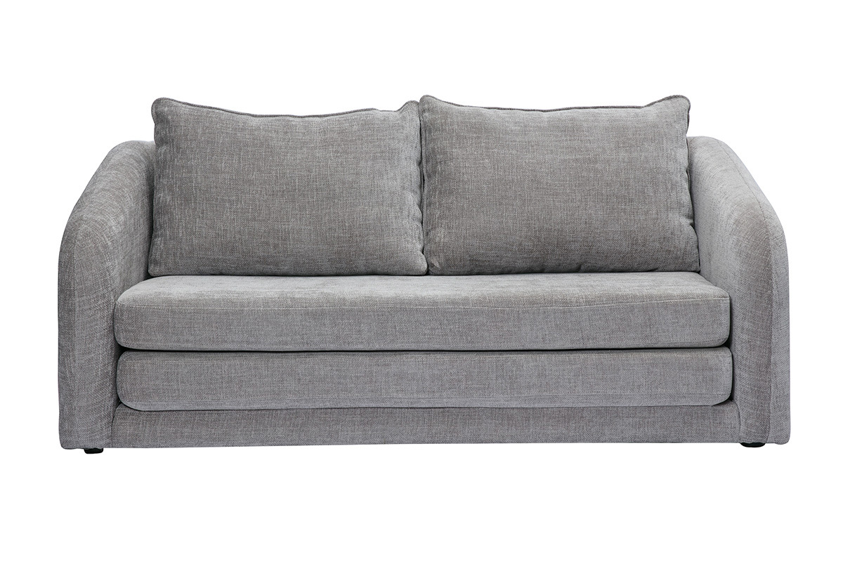 Canap convertible 2 places gris en tissu effet velours, vue de face.