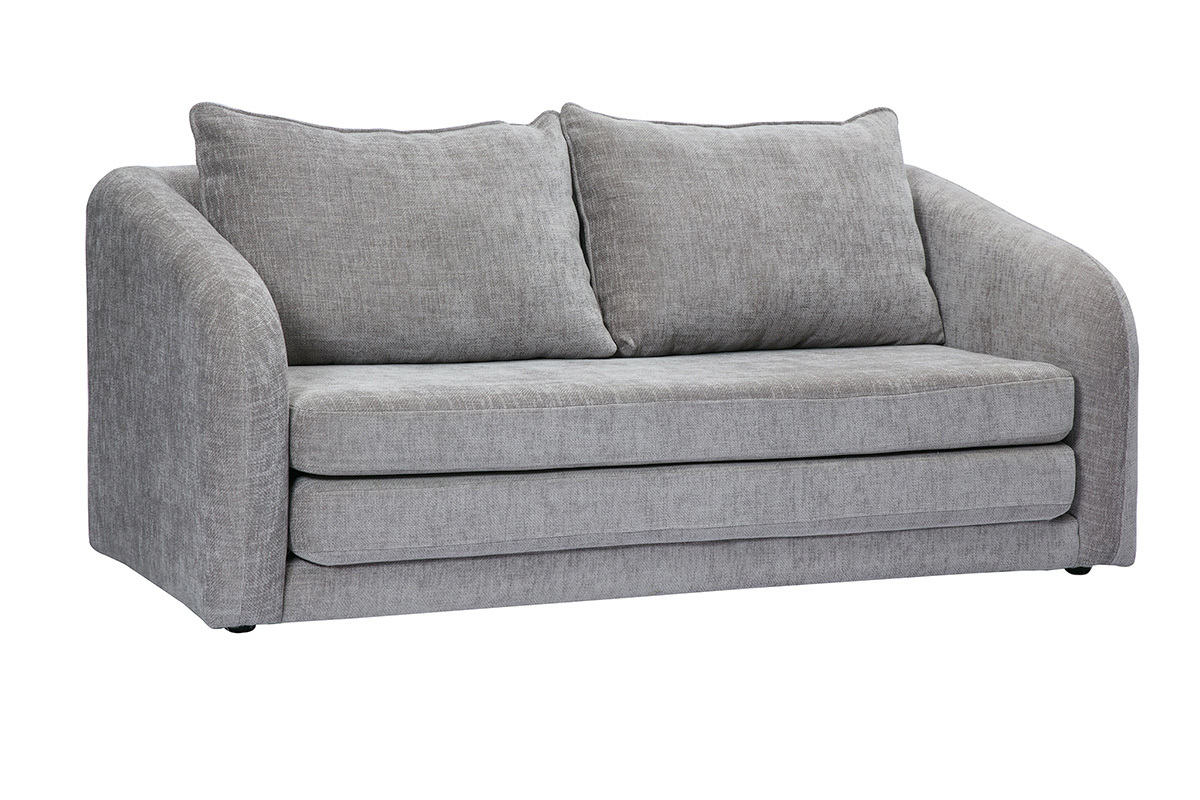 Canap convertible 2 places gris en tissu effet velours, vue de 3/4.