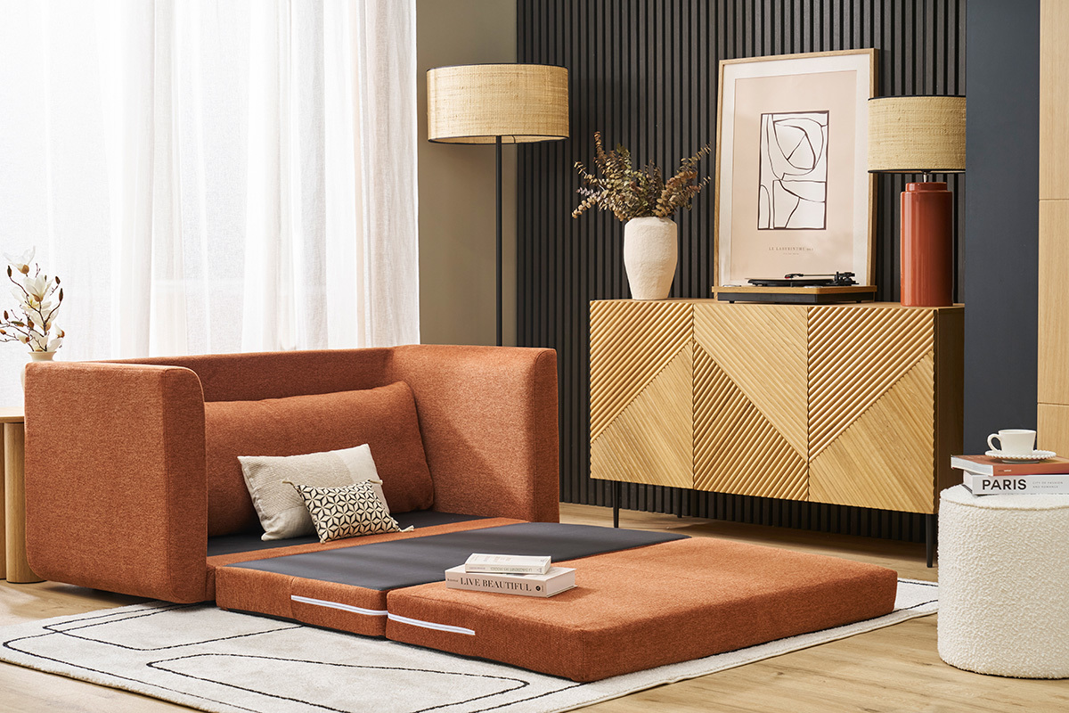 Canap convertible 2 places en tissu effet velours textur terre brle LEON