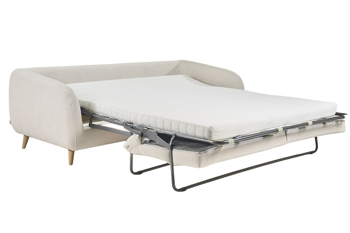 Canap� convertible beige en tissu effet velours, vue 3/4 avec matelas d�pli�.