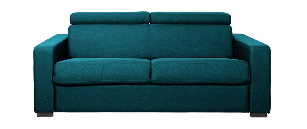 Canapé convertible 3 places avec têtières ajustables bleu canard NORO - Zoom Canapé convertible 3 places avec têtières ajustables bleu canard NORO