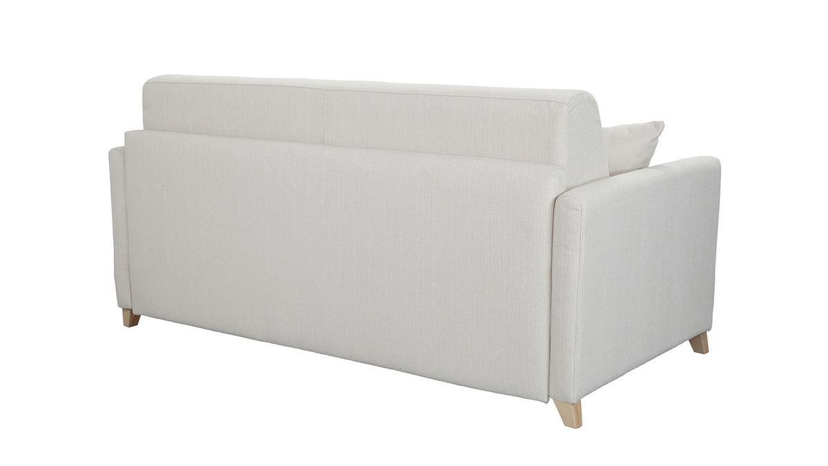 Canapé convertible 3 places en tissu beige et bois clair avec matelas 12 cm SKANDY