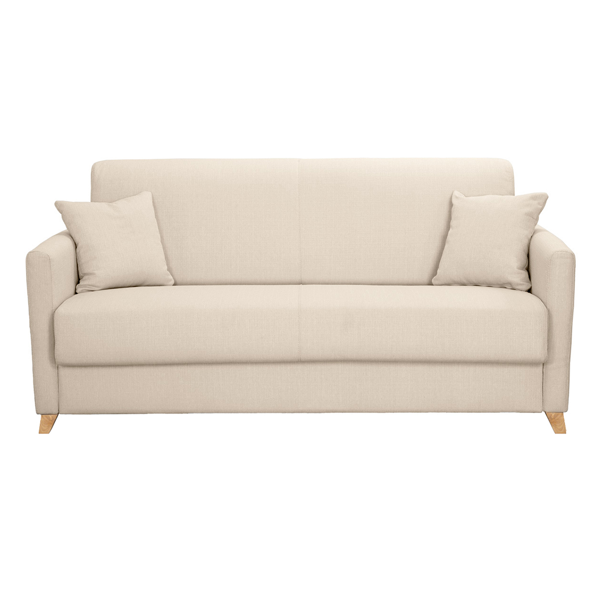 Canapé convertible 3 places en tissu beige et bois clair avec matelas 13 cm SKANDY Canapé convertible 3 places en tissu beige et bois clair avec matelas 13 cm SKANDY