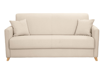 Canapé convertible 3 places en tissu beige et bois clair avec matelas 13 cm SKANDY