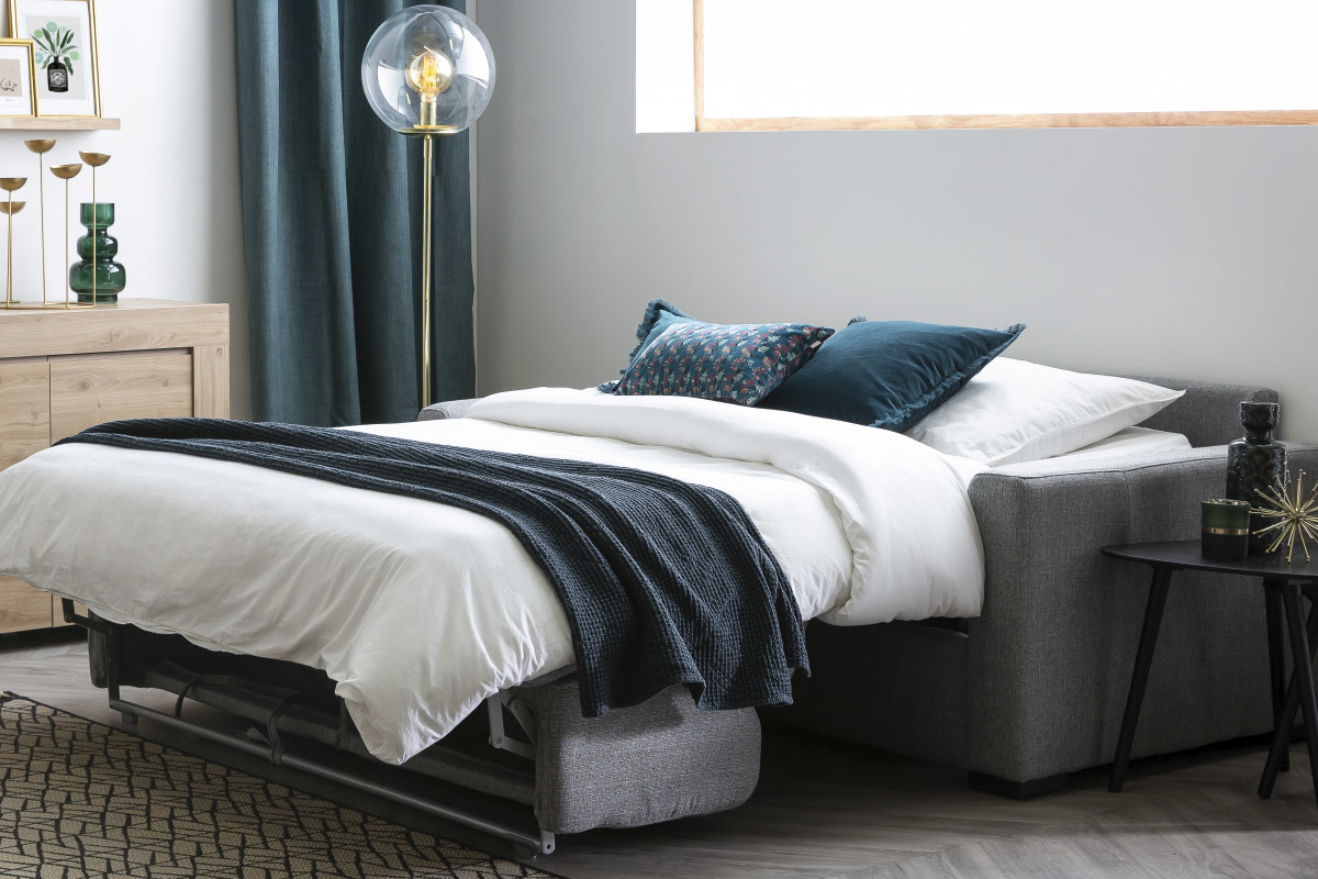 Canap� convertible 3 places en tissu bleu canard avec matelas 12 cm DOME