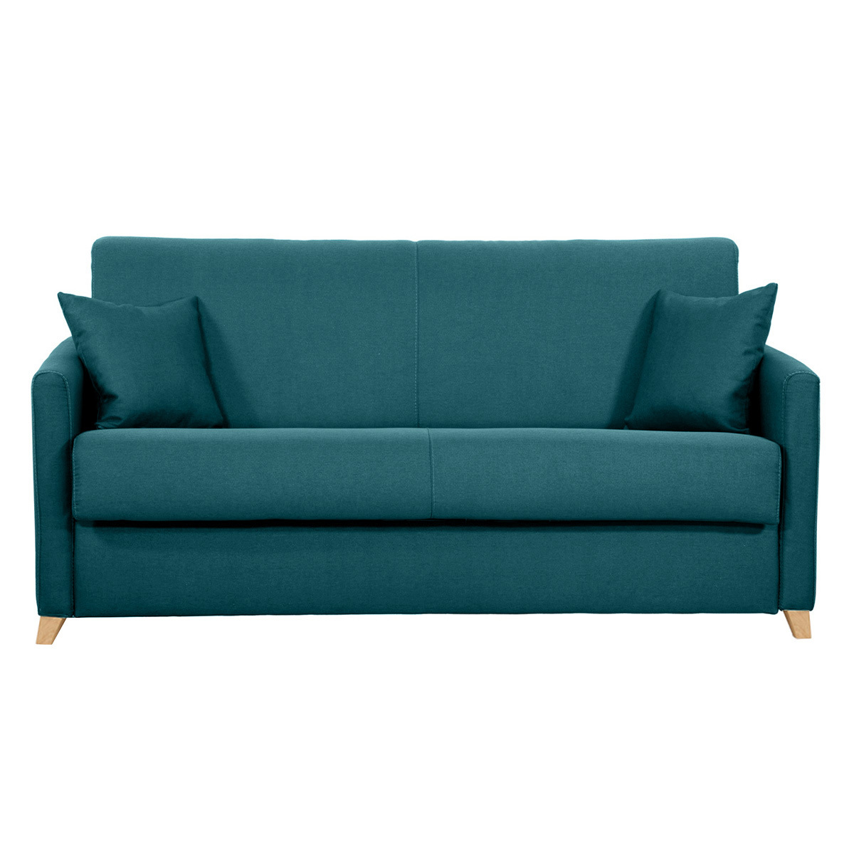 Canapé convertible 3 places en tissu bleu canard et bois clair avec matelas 13 cm SKANDY Canapé convertible 3 places en tissu bleu canard et bois clair avec matelas 13 cm SKANDY