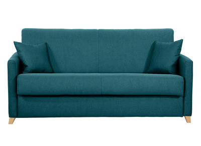 Canapé convertible 3 places en tissu bleu canard et bois clair avec matelas 13 cm SKANDY