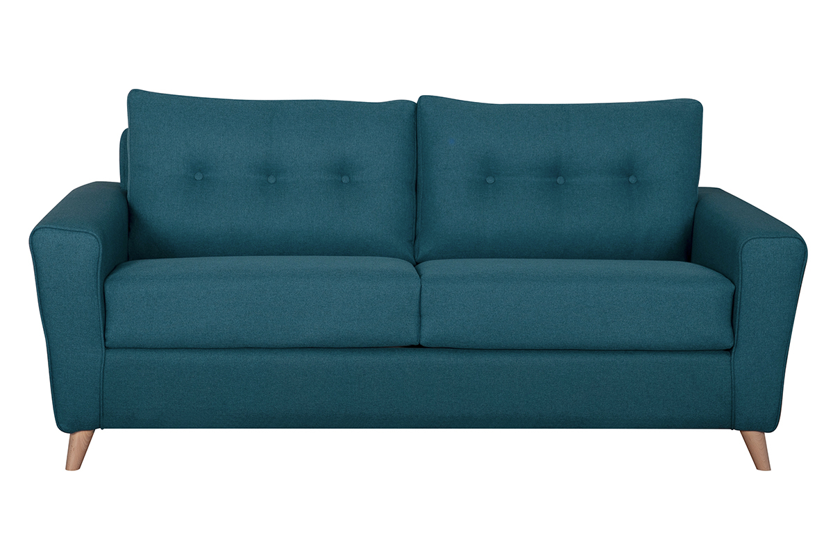 Canap� convertible 3 places en tissu bleu canard et bois clair avec matelas 9 cm BEAUBOURG