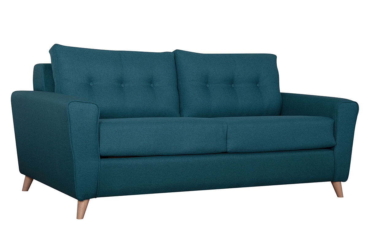 Canap� convertible 3 places en tissu bleu canard et bois clair avec matelas 9 cm BEAUBOURG