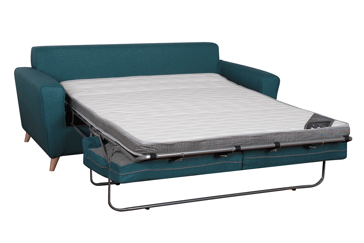 Canap� convertible 3 places en tissu bleu canard et bois clair avec matelas 9 cm BEAUBOURG