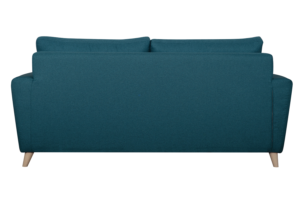 Canap� convertible 3 places en tissu bleu canard et bois clair avec matelas 9 cm BEAUBOURG