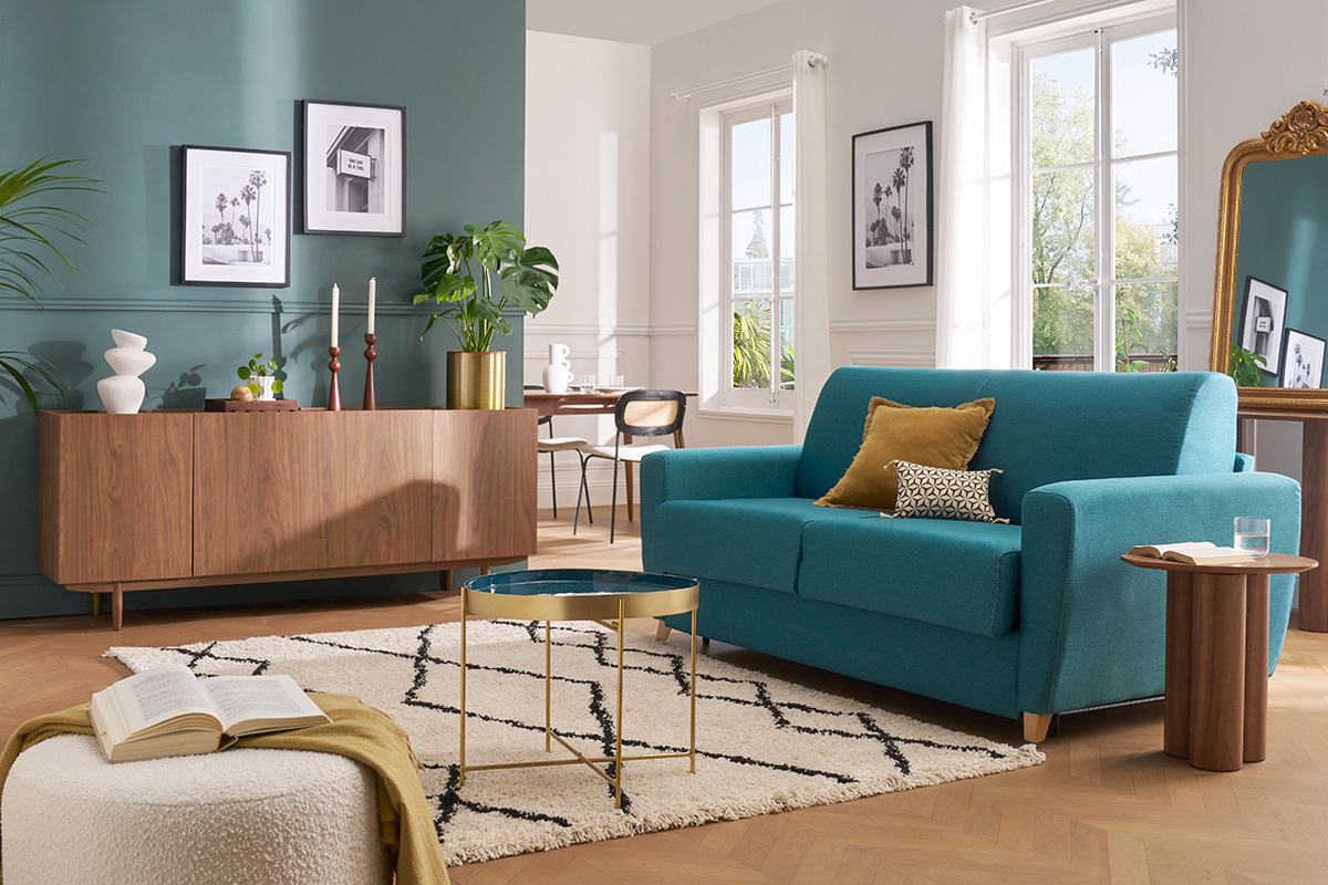 Canap convertible 3 places en tissu bleu canard et bois clair avec matelas L140 cm 13 cm GRAHAM