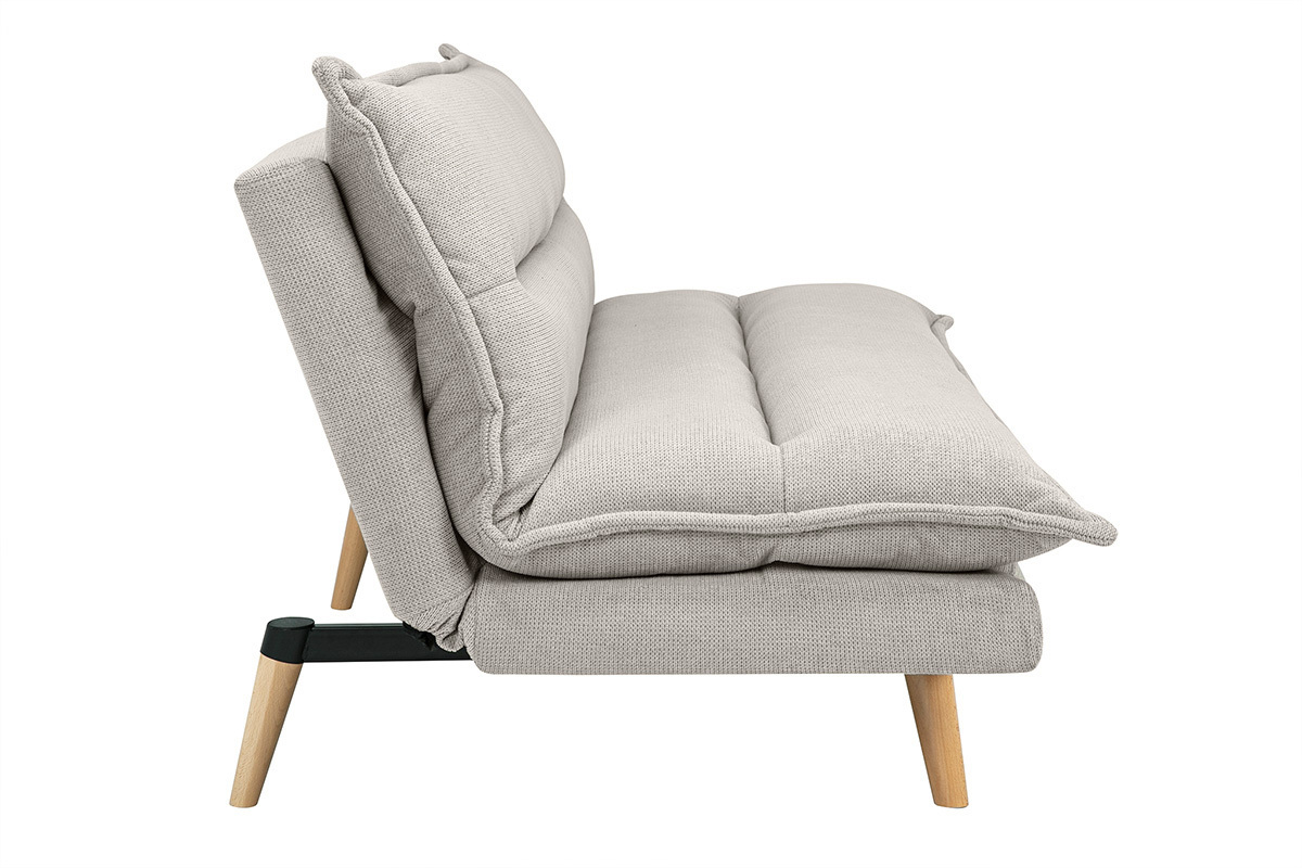 Canap convertible 3 places beige BINGO, vue de ct, pieds en bois clair.