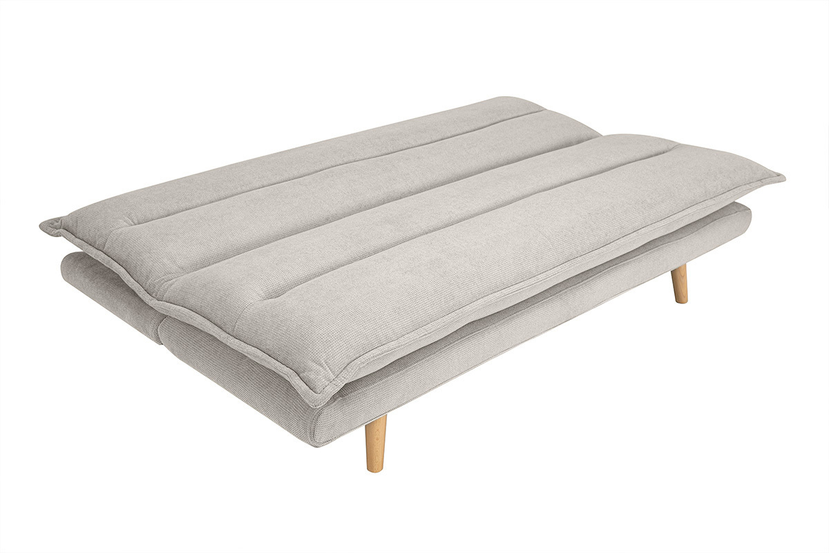 Canap convertible beige en couchage, pieds en bois clair, vue de dessus.