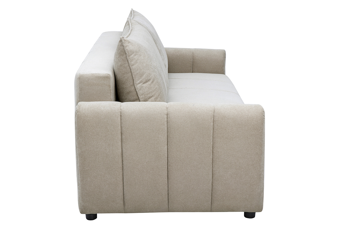 Canap� convertible 3 places en tissu chenille beige, vue de profil