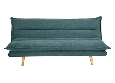 Canapé convertible 3 places en tissu chenille bleu canard et bois clair BINGO