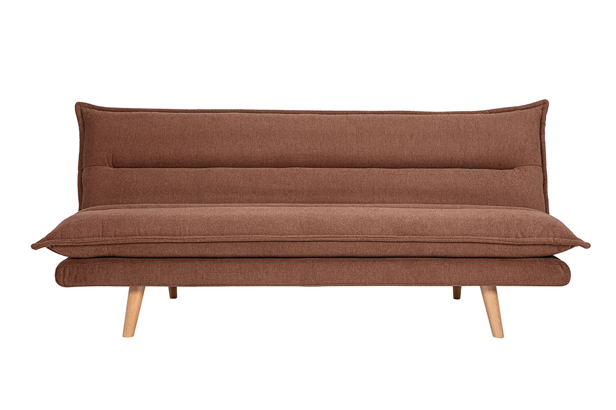 Canap convertible 3 places en tissu terre brle avec pieds en bois clair, vue de face.