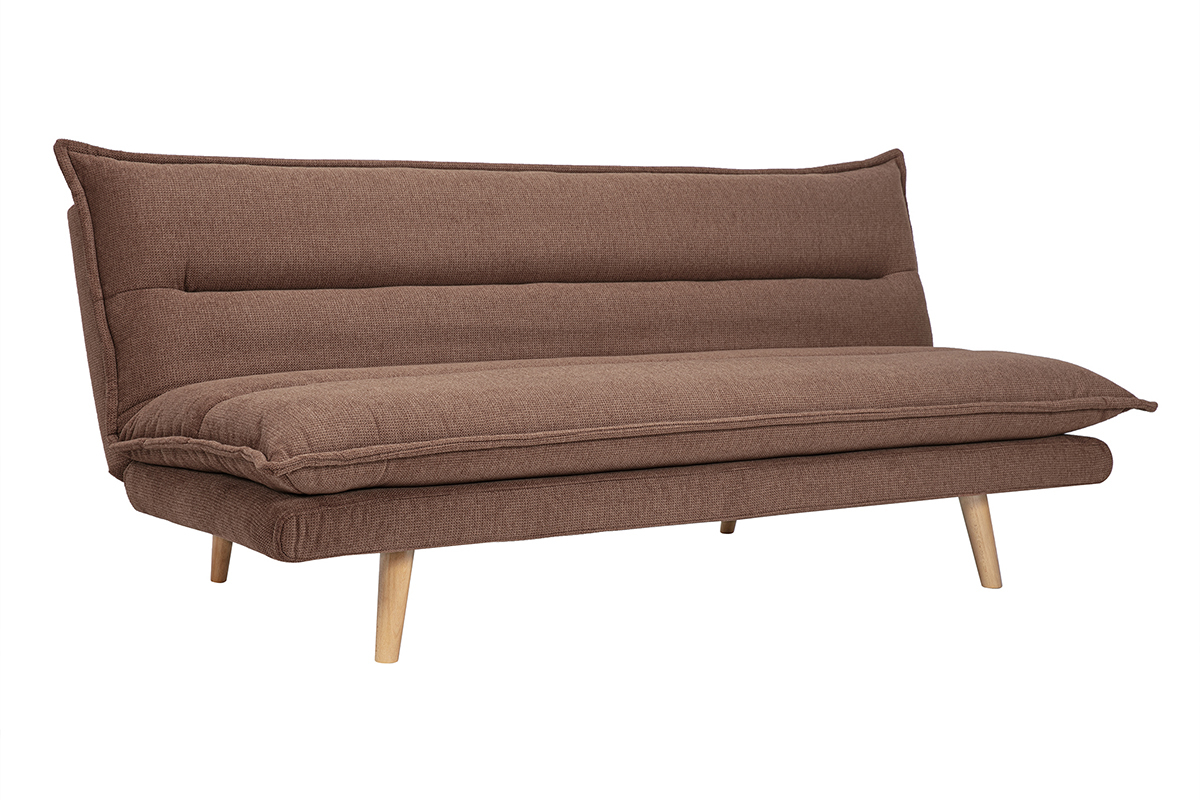 Canap convertible 3 places en tissu velours terre brle et pieds en bois clair, vue de 3/4.