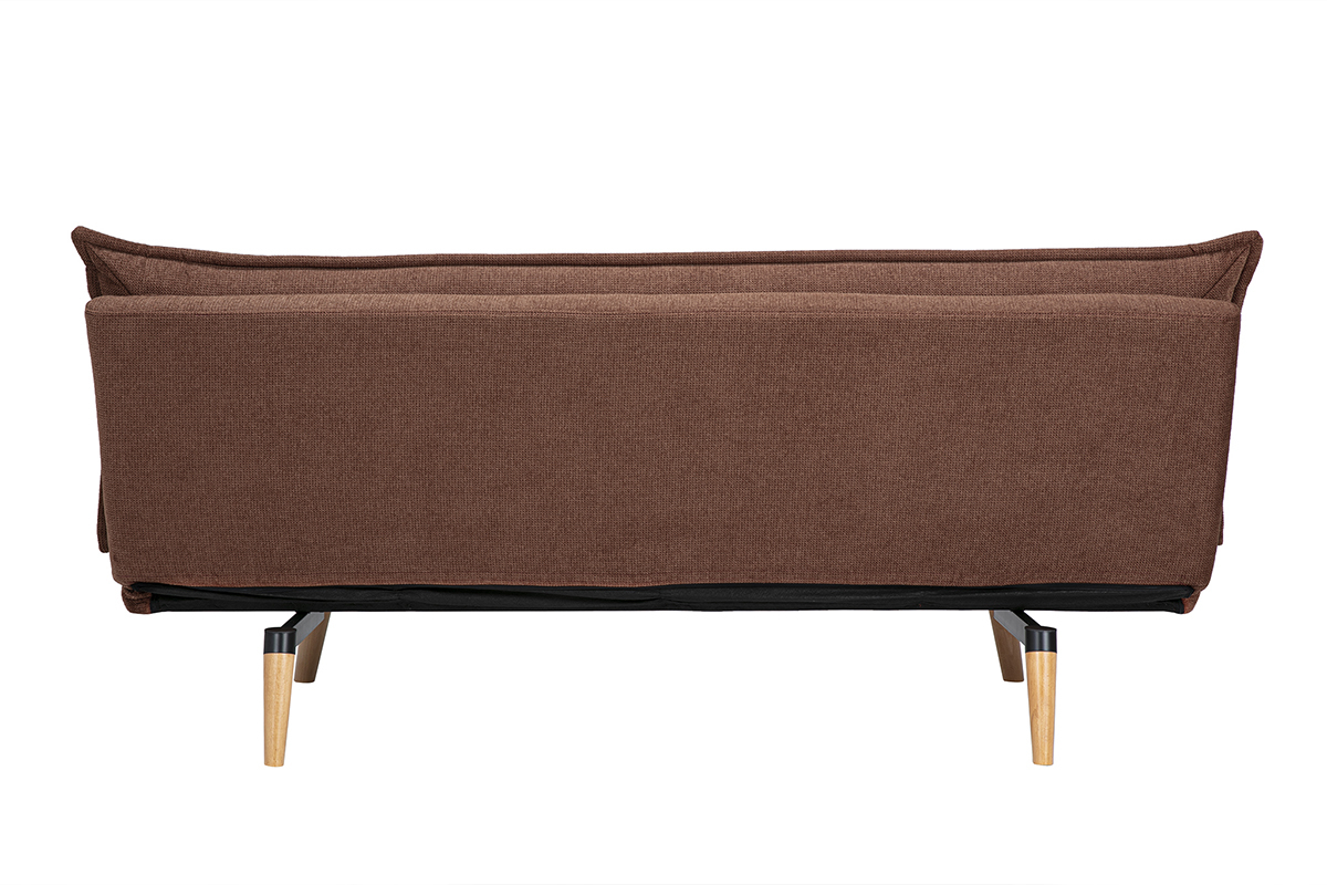 Canap convertible 3 places vue de dos, tissu velours terre brle, pieds en bois clair.