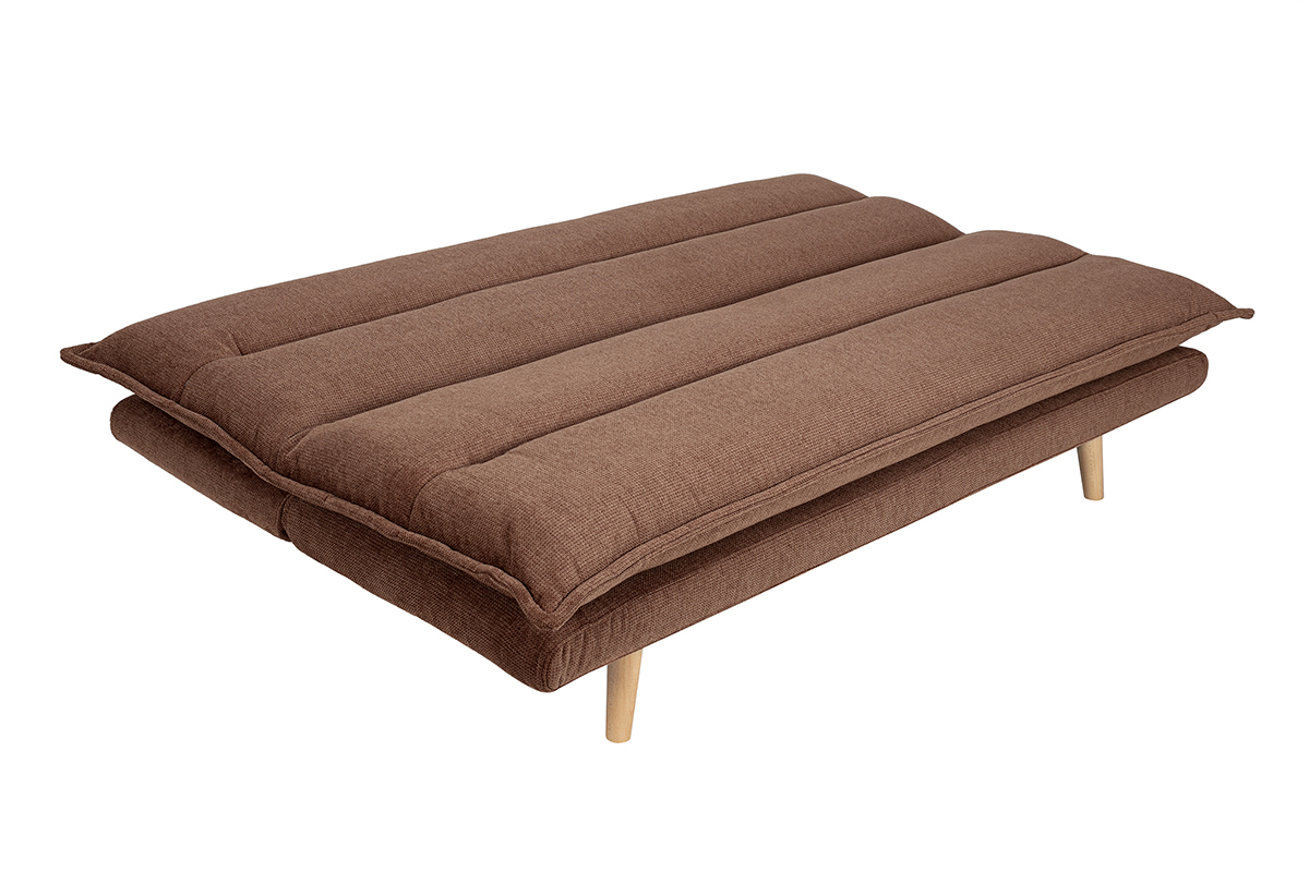 Canap convertible 3 places, tissu velours terre brle, pieds bois clair, en mode lit.