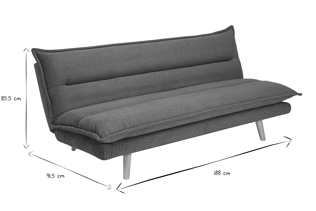 Dimensions du canap convertible 3 places BINGO en noir et blanc : L188 x P91,5 x H85,5 cm, vue de ct.