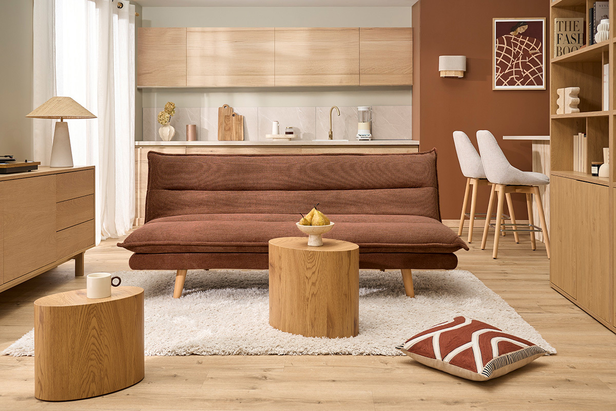 Canap� convertible 3 places en tissu chenille terre br�l�e et bois clair BINGO