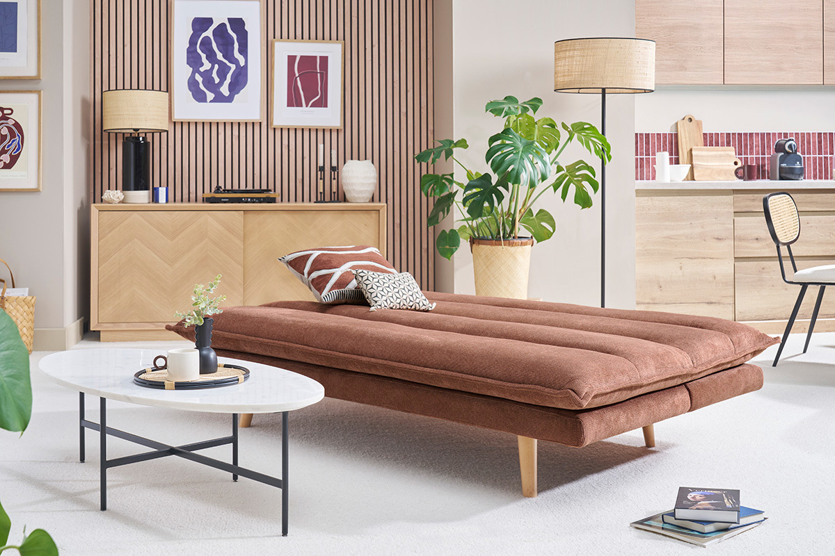 Canap� convertible 3 places en tissu chenille terre br�l�e et bois clair BINGO