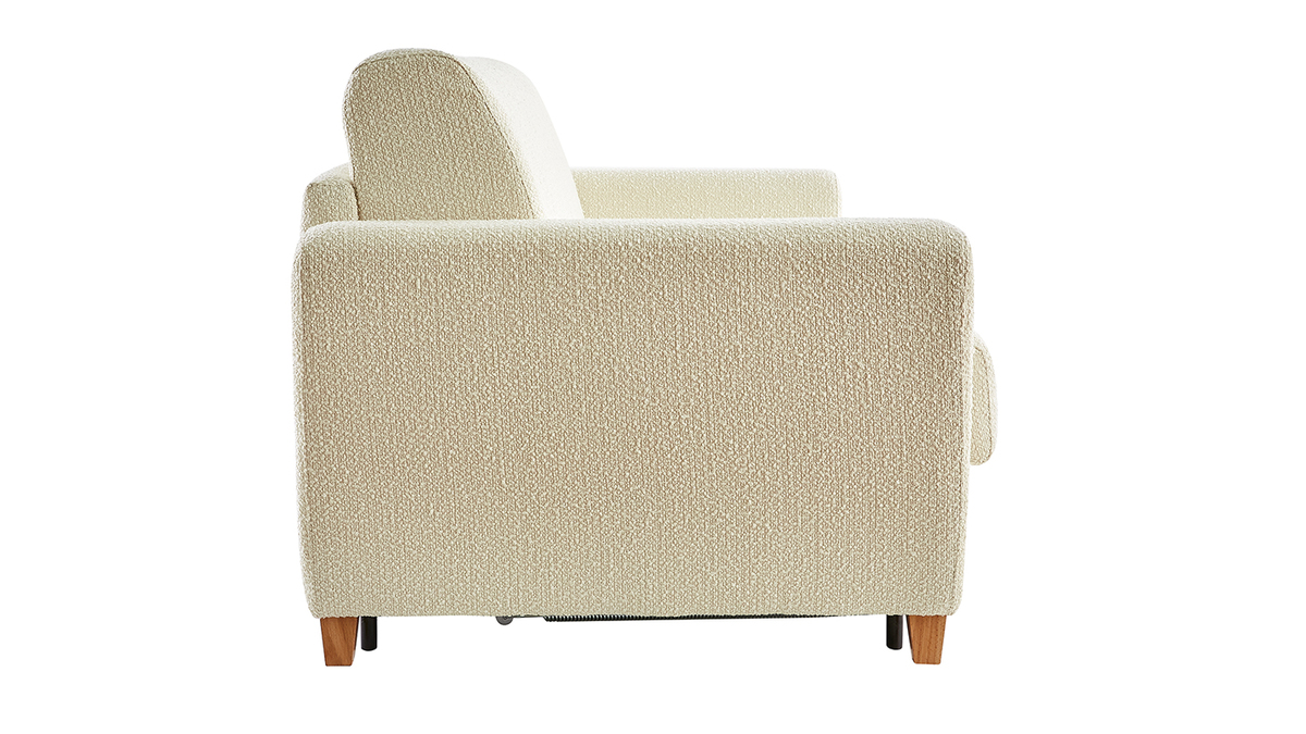 Canapé convertible 3 places en tissu effet laine bouclée beige et bois clair avec matelas L140 cm 12 cm GRAHAM