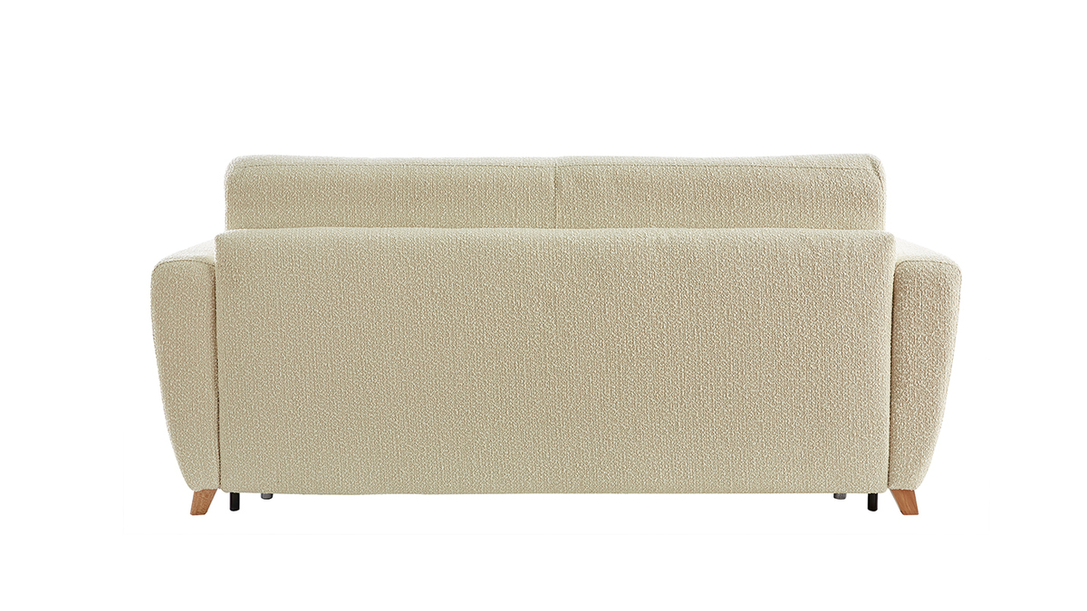 Canapé convertible 3 places en tissu effet laine bouclée beige et bois clair avec matelas L140 cm 12 cm GRAHAM