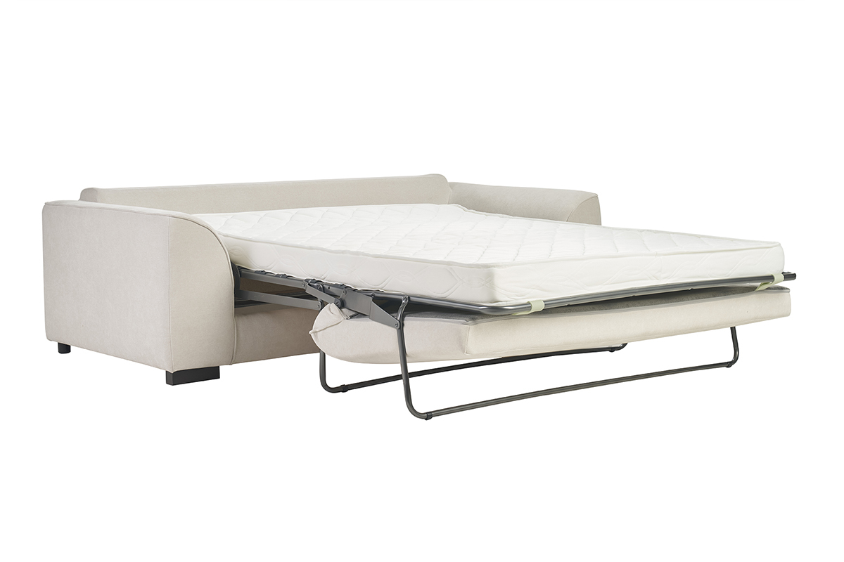 Canap convertible 3 places beige avec matelas dpli, vue de ct.