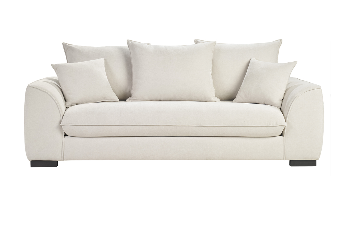 Canap convertible 3 places en tissu beige, vue de face.