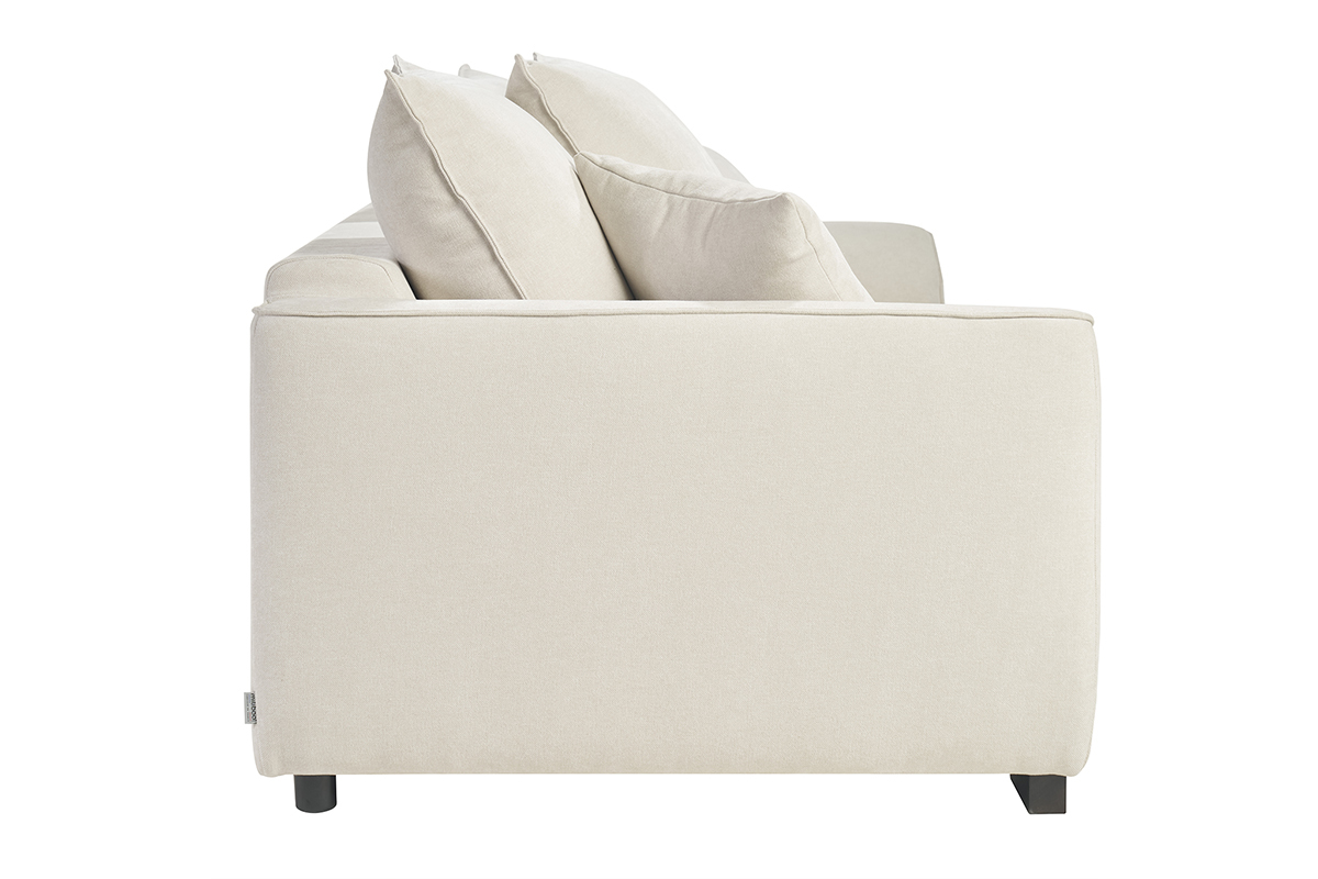Canap convertible beige en tissu effet velours, vue de ct, pieds noirs.