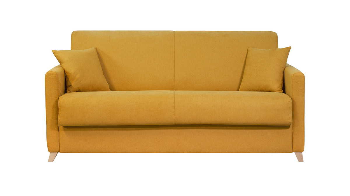 Canapé convertible 3 places en tissu effet velours jaune moutarde et bois clair avec matelas 12 cm SKANDY