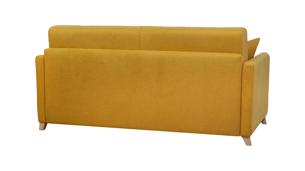 Canapé convertible 3 places en tissu effet velours jaune moutarde et bois clair avec matelas 12 cm SKANDY
