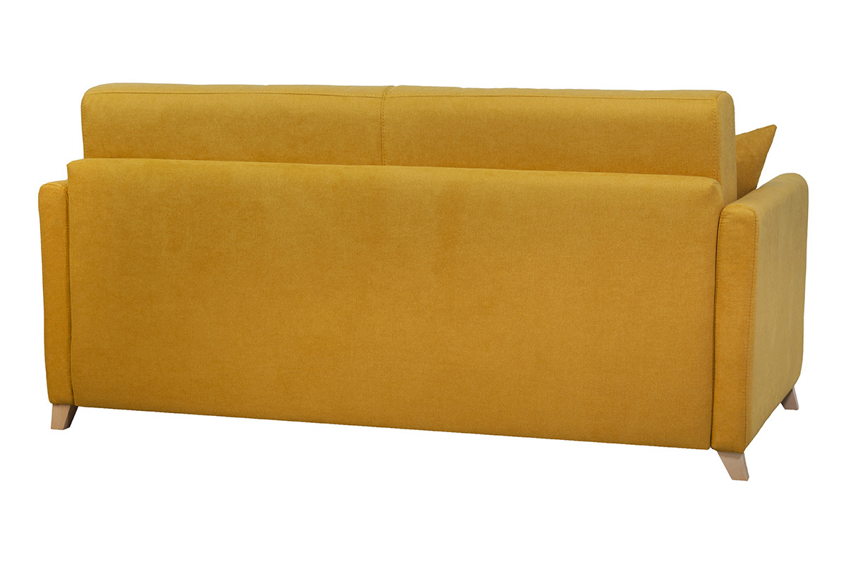 Canap convertible 3 places en tissu effet velours jaune moutarde et bois clair avec matelas 12 cm SKANDY