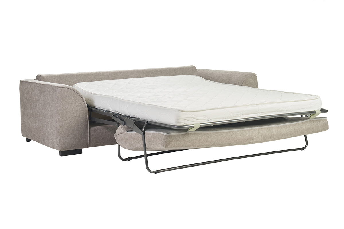 Canap convertible 3 places taupe avec matelas dpli, vue de ct.