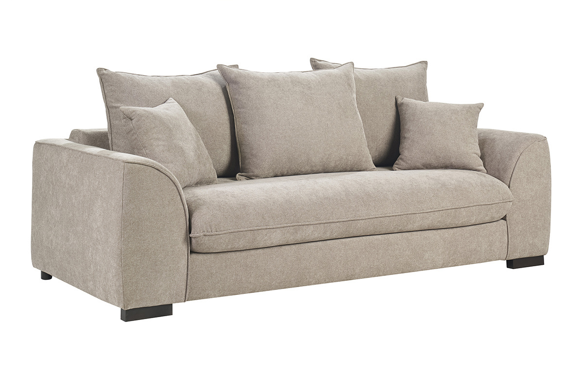 Canap convertible 3 places en tissu taupe, vue de trois quarts avec coussins assortis.