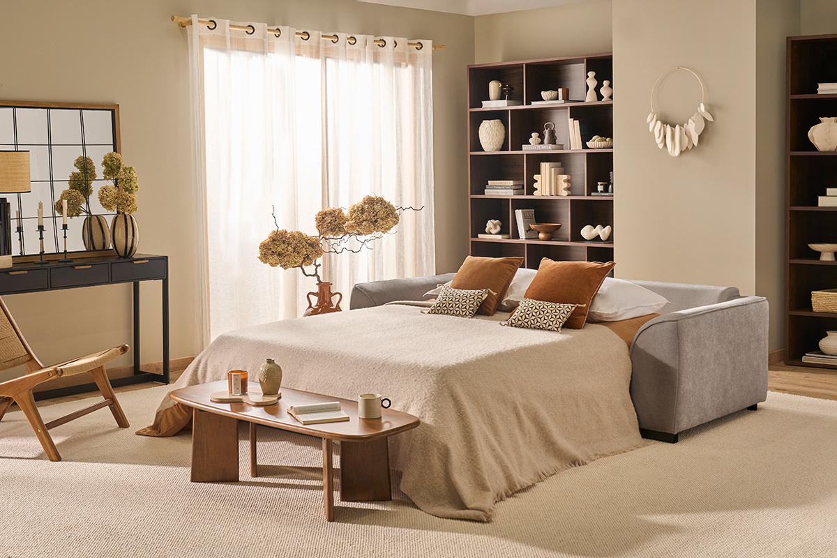 Canap� convertible 3 places en tissu effet velours taupe avec matelas 12 cm ARMAND