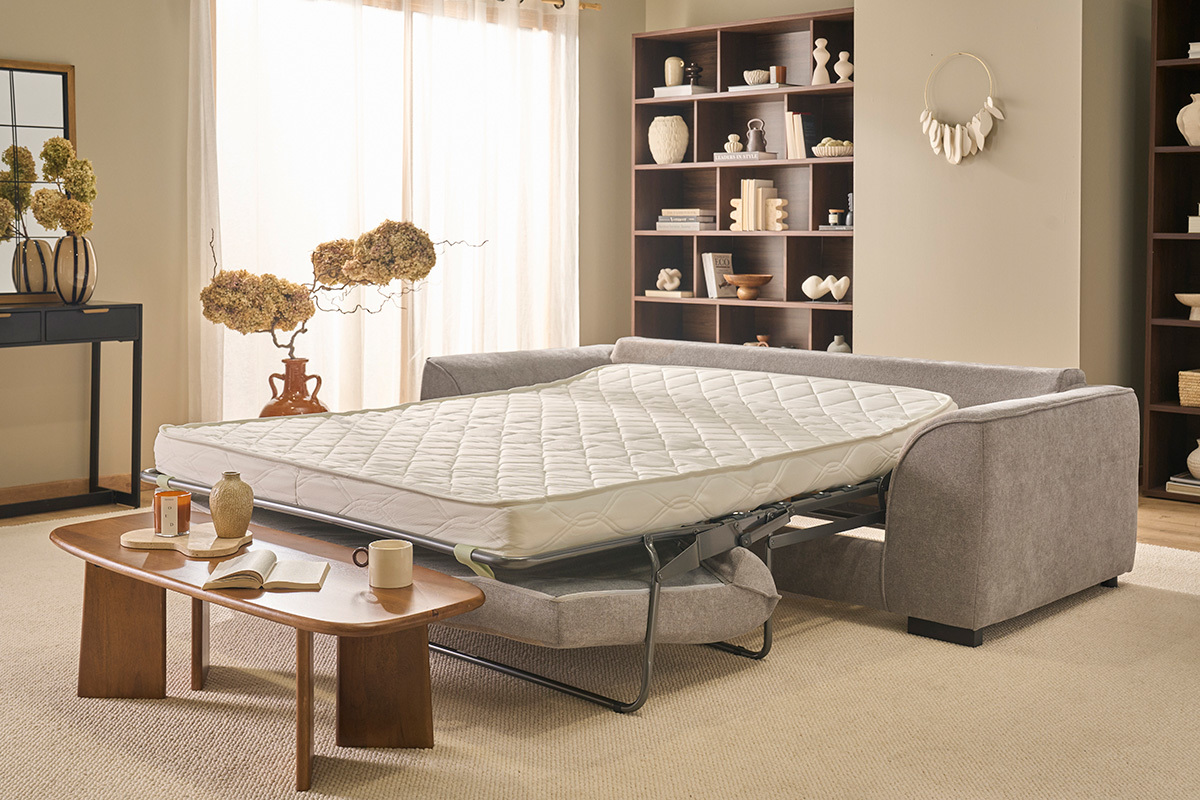 Canap� convertible 3 places en tissu effet velours taupe avec matelas 12 cm ARMAND