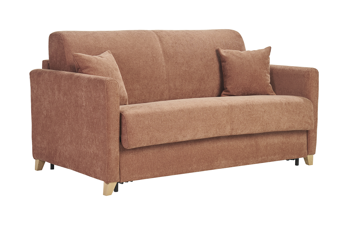 Canap convertible 3 places en tissu terre brle, pieds en bois clair, vue de 3/4.
