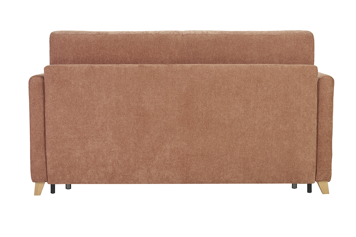 Canap convertible 3 places, vue arrire, tissu effet velours terre brle, pieds en bois clair.