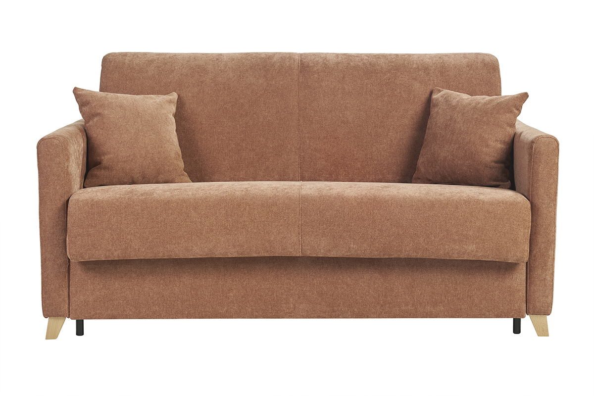 Canap convertible 3 places en tissu terre brle, vue de face avec accoudoirs et pieds en bois clair.
