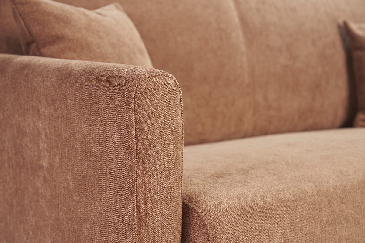 Canap convertible SKANDY en tissu effet velours terre brle, vue de ct.