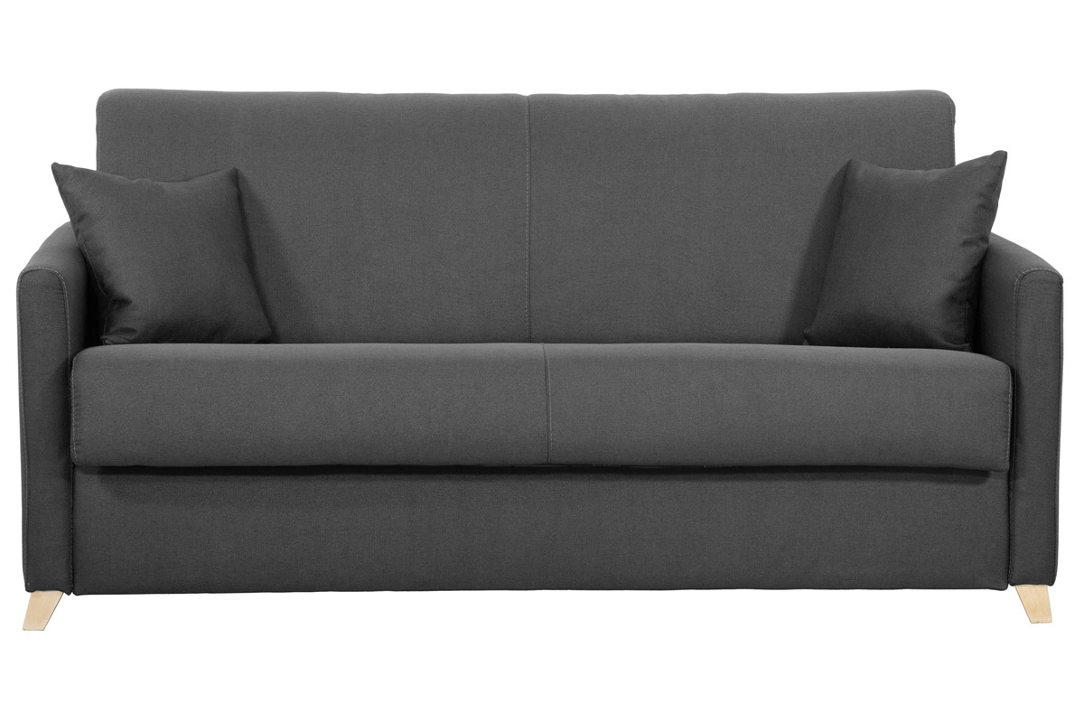 Canap� convertible 3 places en tissu gris anthracite et bois clair avec matelas 12 cm SKANDY