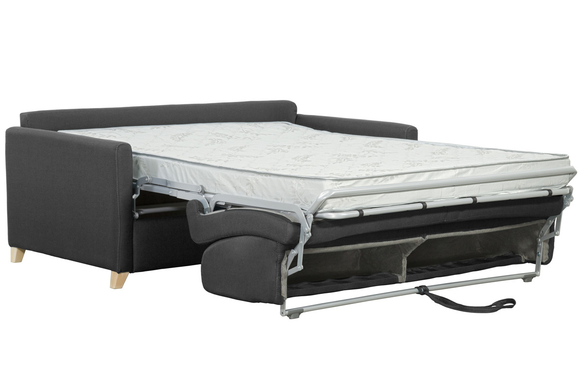 Canap� convertible 3 places en tissu gris anthracite et bois clair avec matelas 12 cm SKANDY