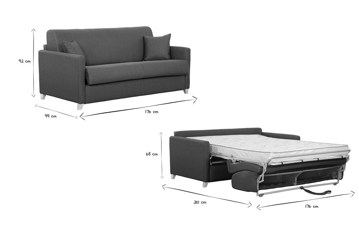 Canap� convertible 3 places en tissu gris anthracite et bois clair avec matelas 12 cm SKANDY