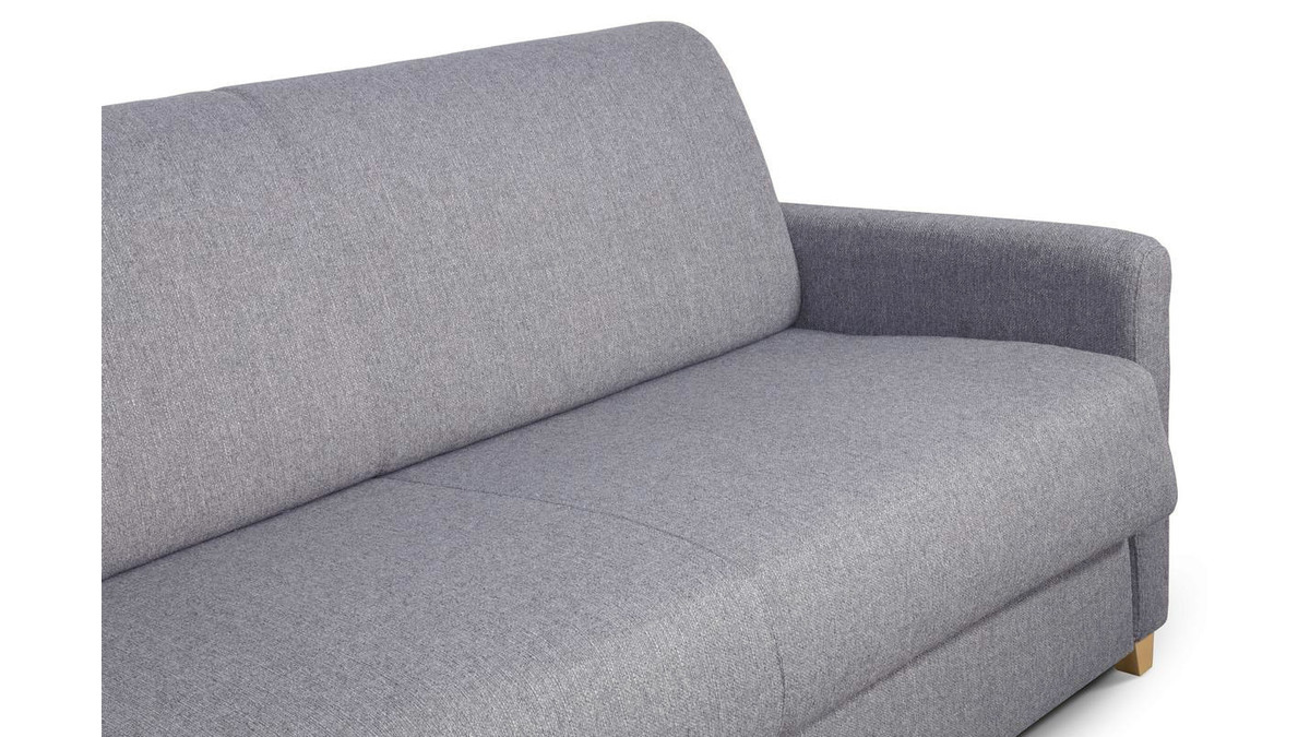 Canapé convertible 3 places en tissu gris clair et bois clair avec matelas 18 cm SKANDY