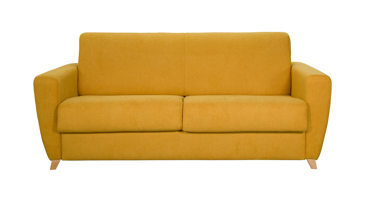 Canapé convertible 3 places en tissu jaune moutarde et bois clair avec matelas L140 cm 12 cm GRAHAM
