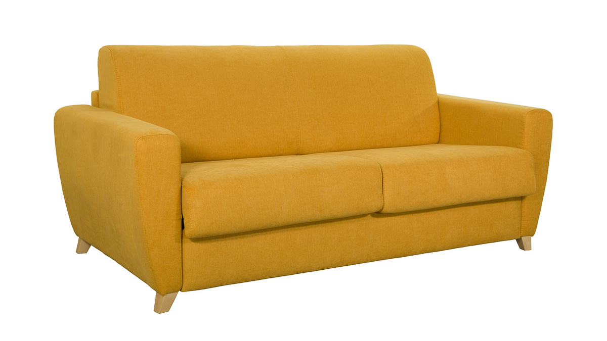 Canapé convertible 3 places en tissu jaune moutarde et bois clair avec matelas L140 cm 12 cm GRAHAM
